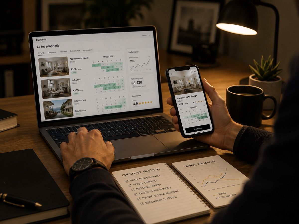 Dashboard di gestione degli annunci con performance, calendario tariffe e recensioni, aperta su laptop e telefono