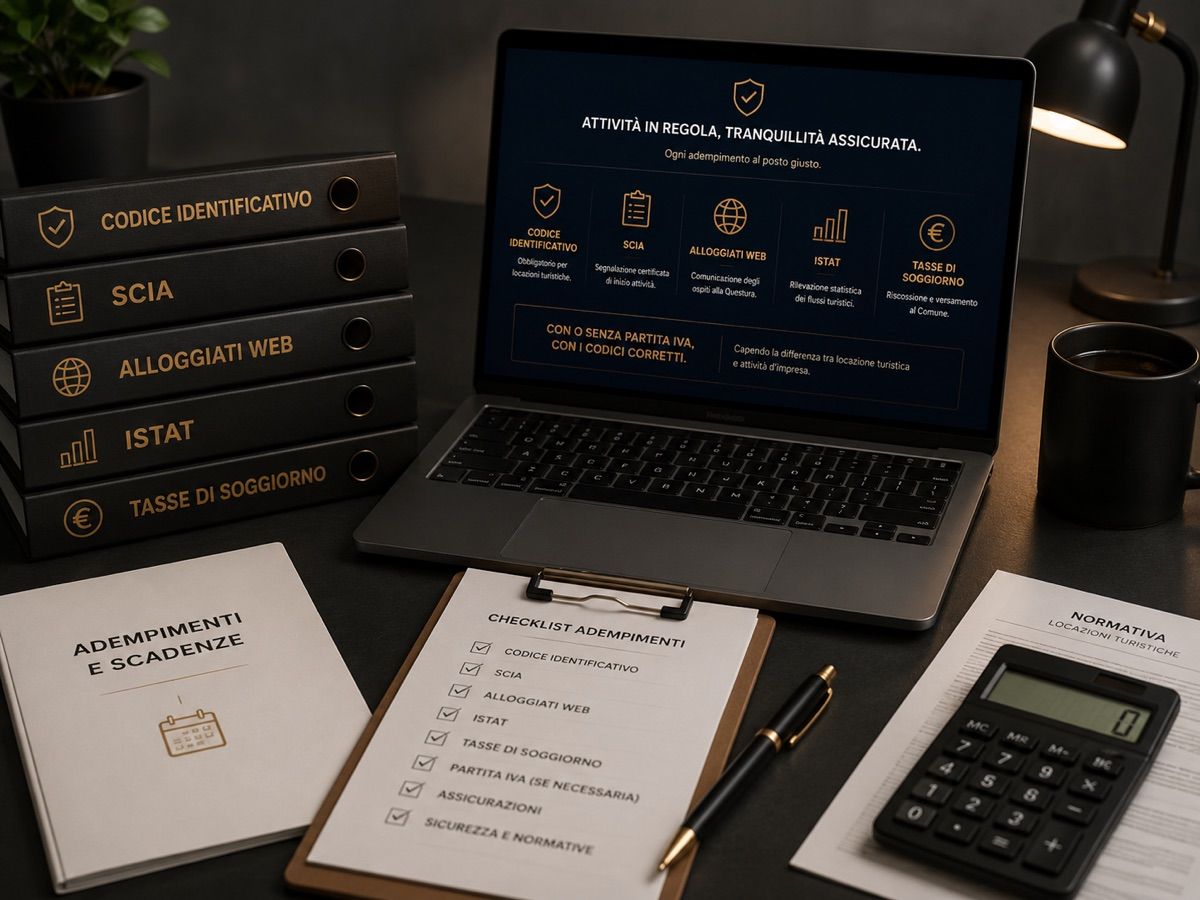 Postazione con checklist degli adempimenti — codice identificativo, SCIA, Alloggiati Web, ISTAT, tasse di soggiorno — e schermo con l'attività dichiarata in regola