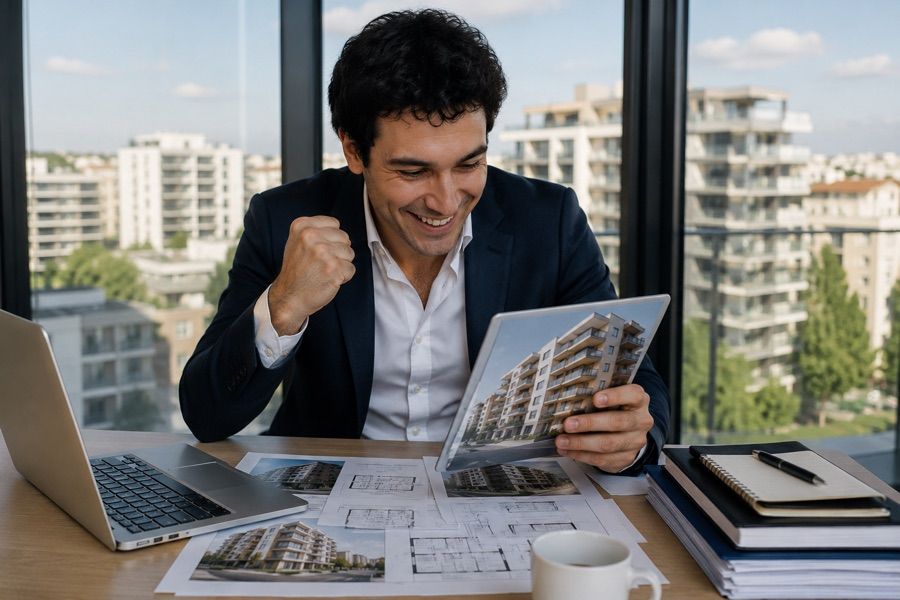 Un agente immobiliare esulta guardando un immobile sul tablet, alla scrivania con vista sulla città