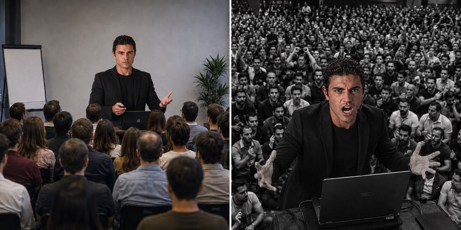 Lo stesso relatore davanti a una sala di trenta persone e, a confronto, davanti a una folla di trecento
