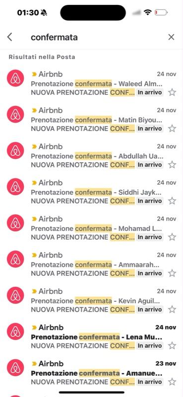Ricerca nella posta: lista di prenotazioni Airbnb confermate in una sola giornata