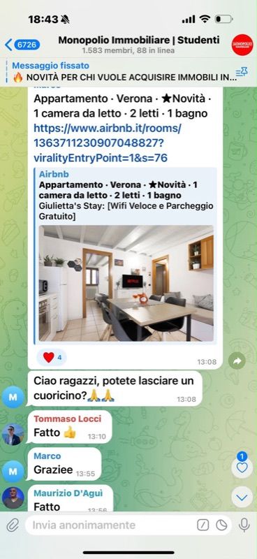 Uno studente condivide un nuovo annuncio a Verona e chiede supporto al gruppo