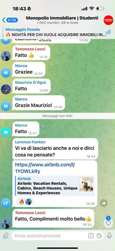 Chat della community: studenti si scambiano nuovi annunci Airbnb e complimenti