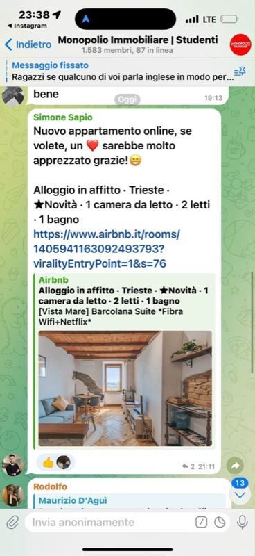 Community Monopolio Immobiliare: uno studente condivide un nuovo annuncio a Trieste, vista mare