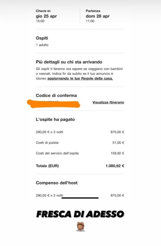 Riepilogo di una prenotazione appena confermata: 3 notti, 1.080,92 euro totali